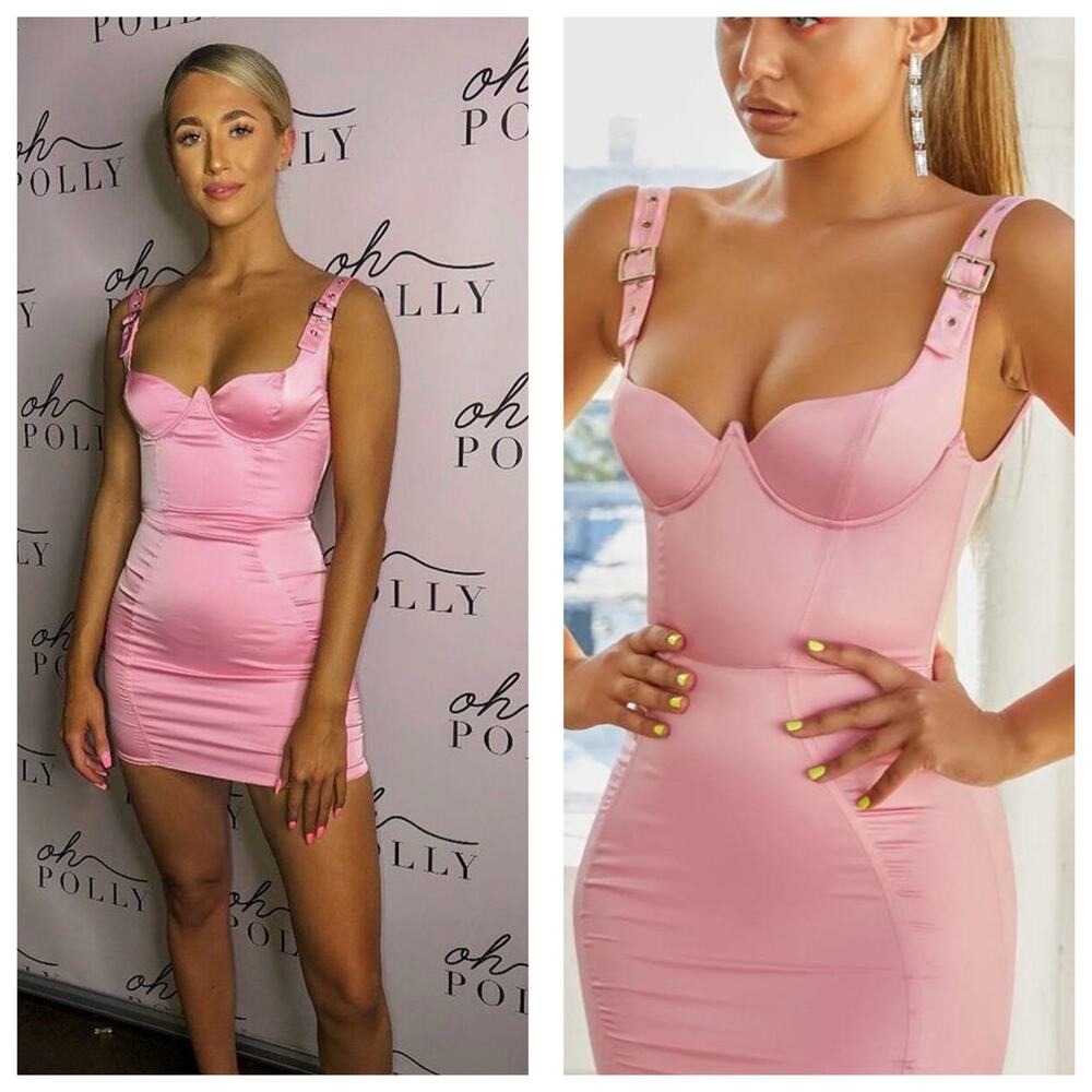 Oh Polly Buckle Down Pink Satin Mini Dress Size 4 Party Barbie Sexy Bustier